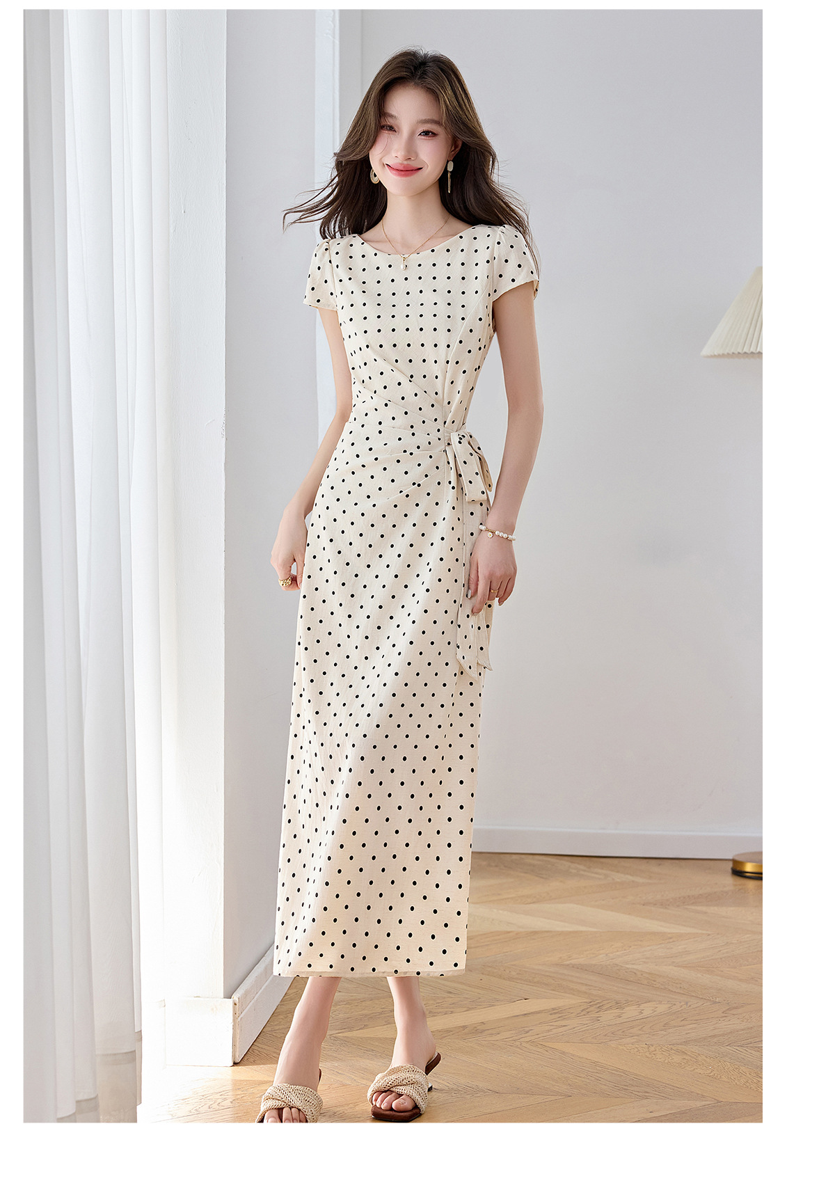 Đầm maxi nữ thắt eo tay ngắn họa tiết chấm bi phong cách nghỉ dưỡng — màu đen, màu trắng chi tiết 14