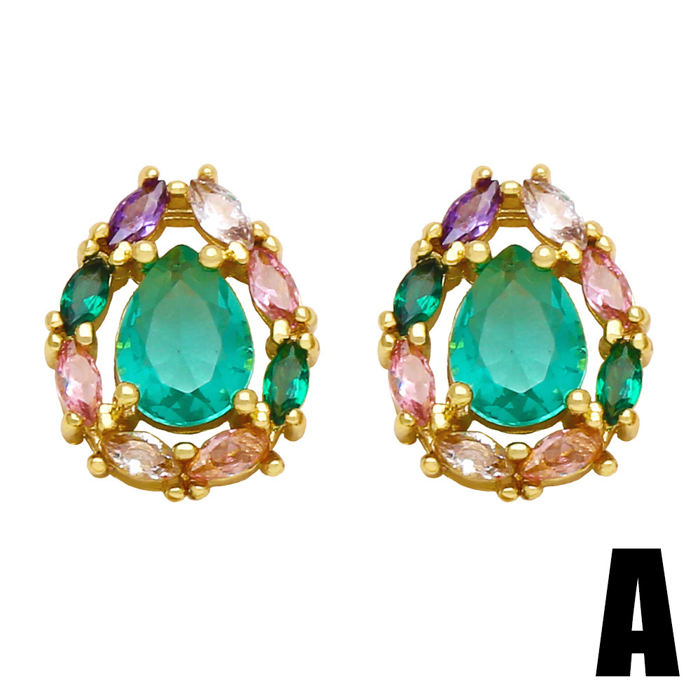 simple geometric color zircon copper 18k gold-plated earrings