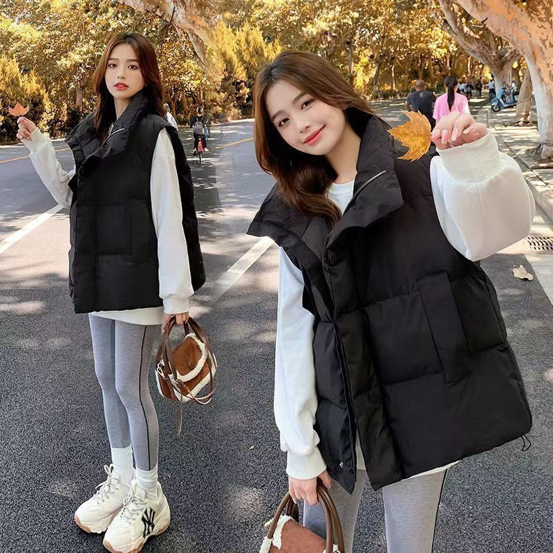 Chaqueta de chaleco de algodón negro otoño-invierno para mujeres 2025 nuevo estilo de estilo universitario corto hombre pequeño sin mangas hombro exterior image 1