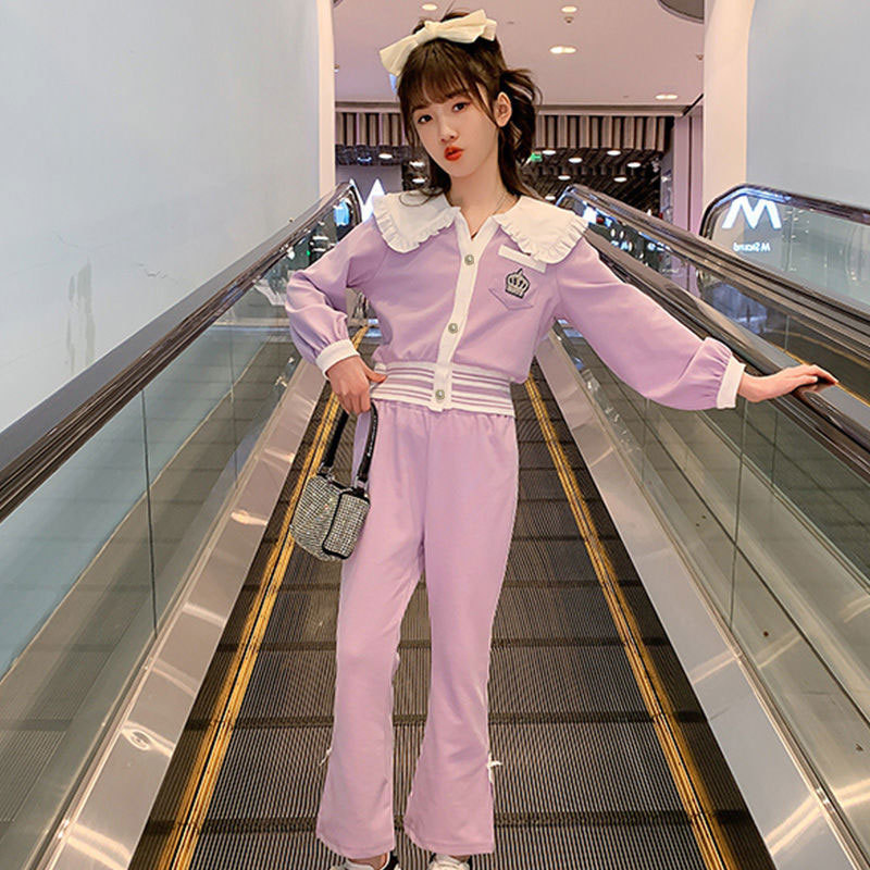 여자 봄 정장 2024 새로운 스타일 어린이 대학 스타일 카디건 플레어 바지 어린 소녀 캐주얼 투피스 세트