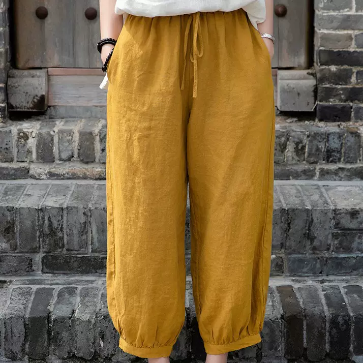 2025春夏新款棉麻女装文艺复古宽松休闲亚麻女裤松紧腰九分灯笼裤