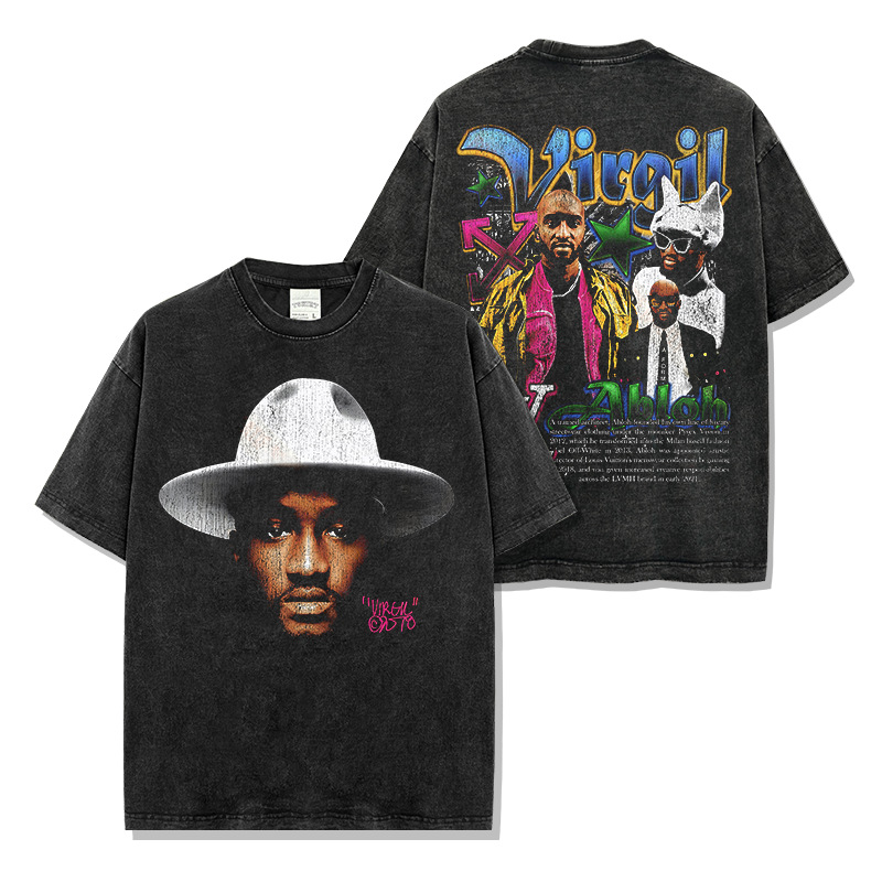Cross-border American Virgil Abloh printed short-sleeved T-shirt washing long-sleeved loose hooded sweatshirt men