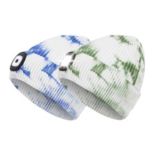 跨境新款LED帽户外骑行夜跑照明扎染毛线帽欧美风保暖帽冬季潮流