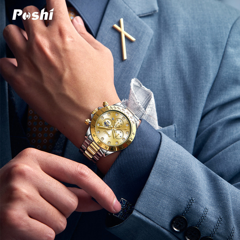 2023 nuevo reloj de negocios POSHI reloj de moda para hombres falso calendario luminoso de tres ojos reloj de cuarzo impermeable deportivo