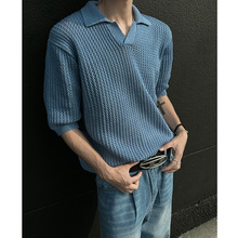 蓝色短袖t恤男士2024夏季新款潮牌薄款vintage套头毛衣痞帅上衣服