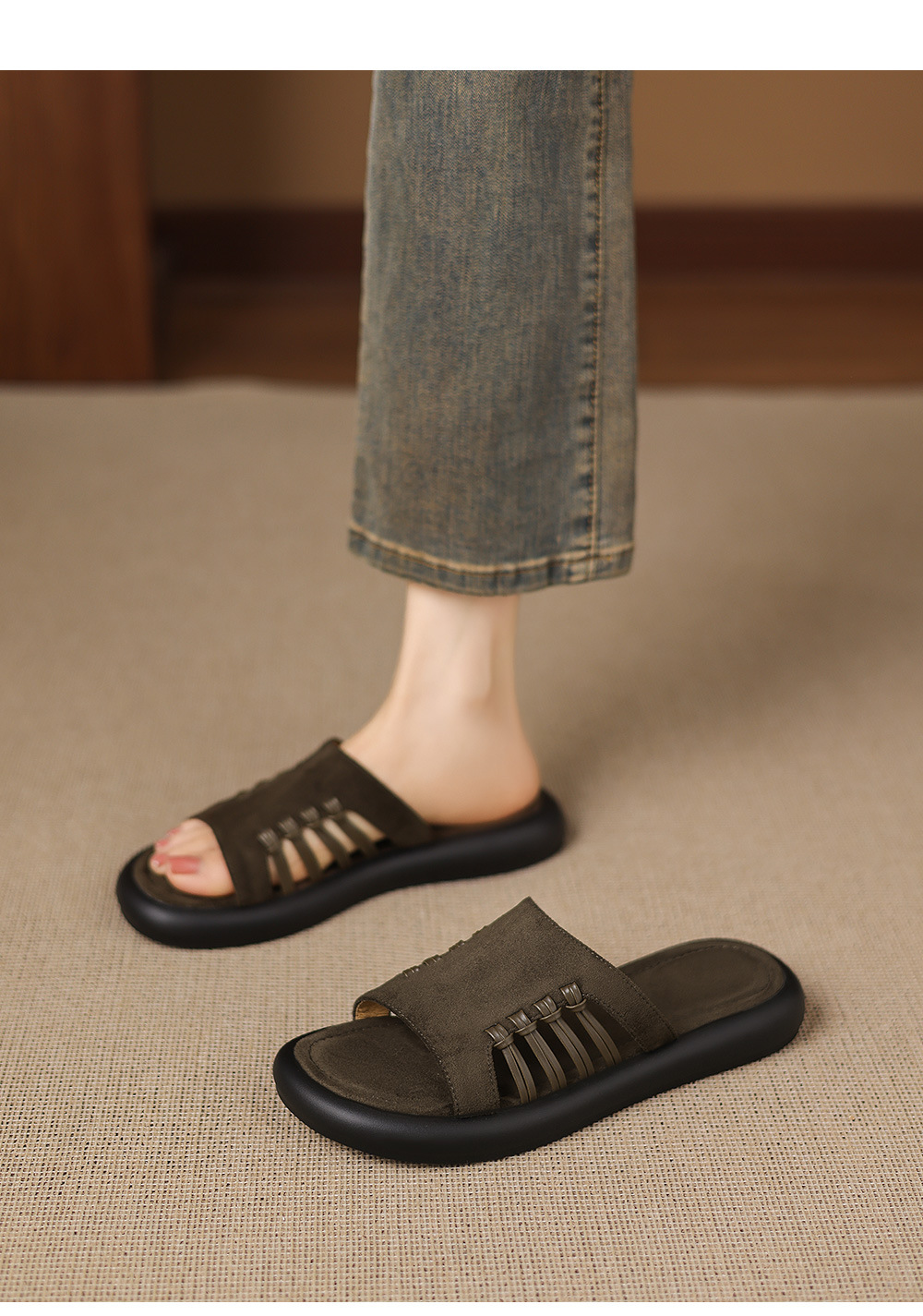 Dép sandal nữ đế dày hở ngón quai chữ V phong cách vintage — Màu xanh da trời chi tiết 11
