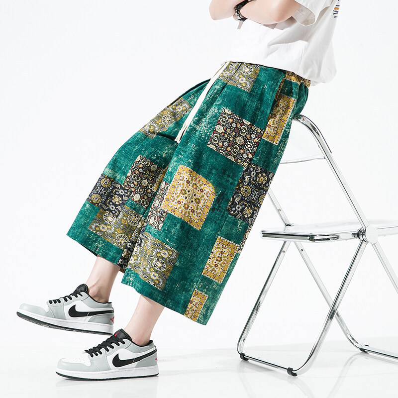 Men's Chinese Style Casual Pants Summer Printed Cropped Pants Plus Size Mid-Length Pants Skirt Pants Harem 7-Point Wide-Leg Pants Thin Style