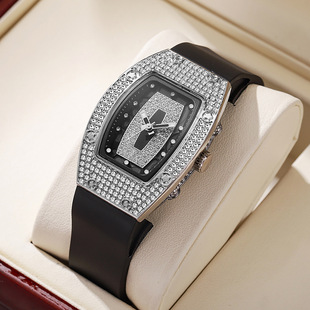 Barrel-Shaped Diamond-Encrusted Quartz Watch for Women, Fashionable and Trendy, Stylish Women's Watch, Silicone Watch