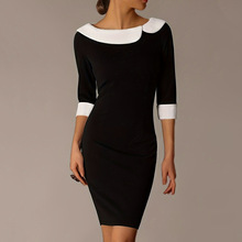 跨境亚马逊 出口俄罗斯 女装拼接翻领撞色上衣修身显瘦连衣裙子