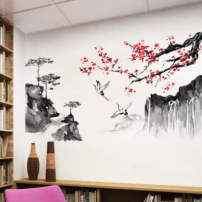 Новый AD2037 китайский фентяньní ink scenery painting Immortal Crane настенная наклейка для спальни и гостиной декоративная декоративная наклейка на стену