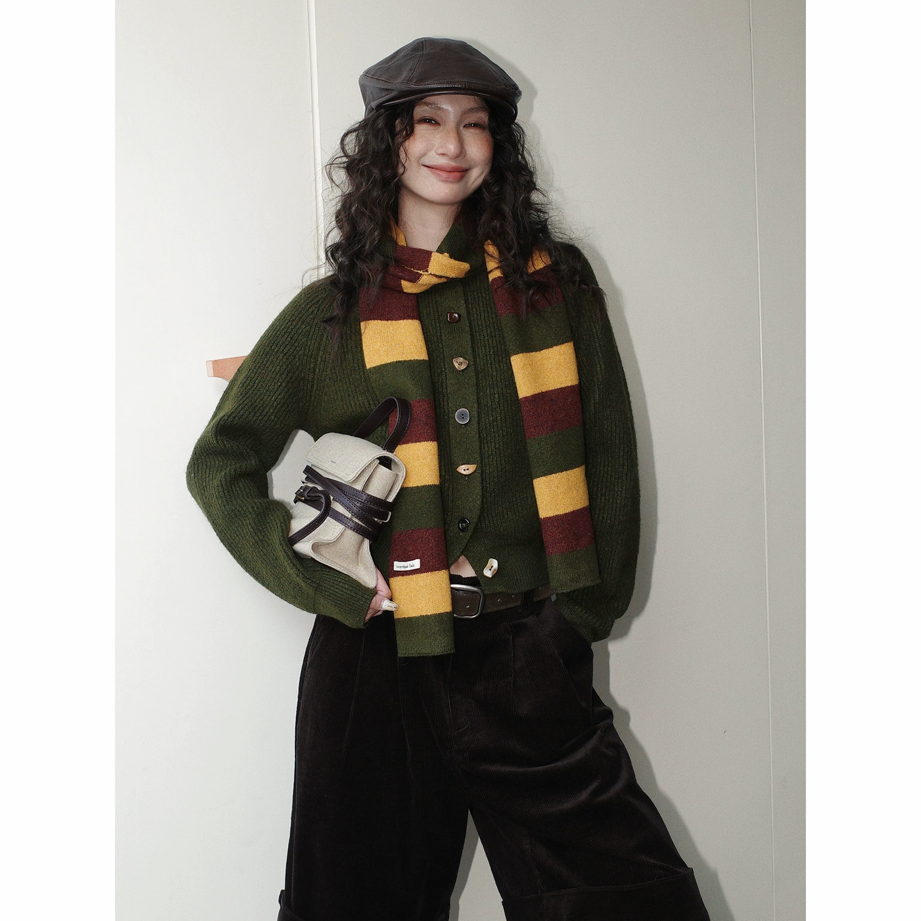 NEIHE内赫韩系穿搭女装圣诞撞色条纹围巾开衫毛衣女秋冬季257216