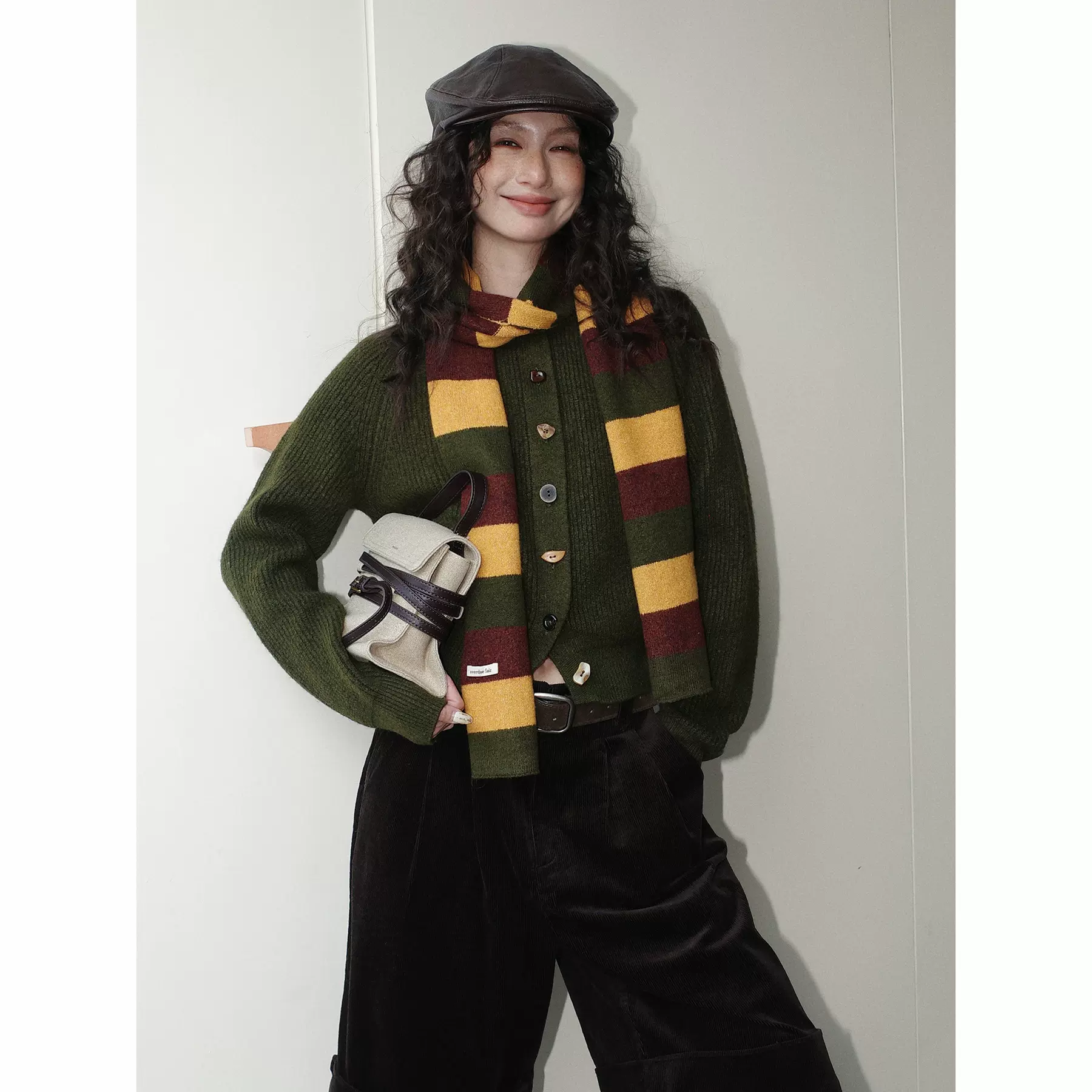 NEIHE内赫韩系穿搭女装圣诞撞色条纹围巾开衫毛衣女秋冬季257216