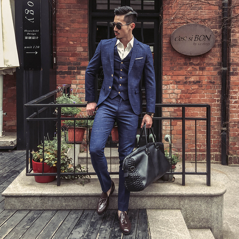 2023 Comercio exterior duro traje de los hombres traje de Arte Artístico tela delgada hombres doble hebilla traje de tres piezas XZ06