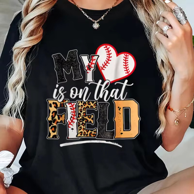 Women's "My Heart Is in That Game" Baseball Mom T-Shirt - Casual Round Neck Short Sleeve Top with Leopard Print "Fed"