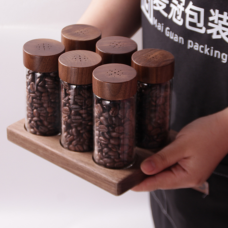 黑胡桃单瓶40g咖啡豆密封罐单向排气玻璃储存密封咖啡豆罐带木托