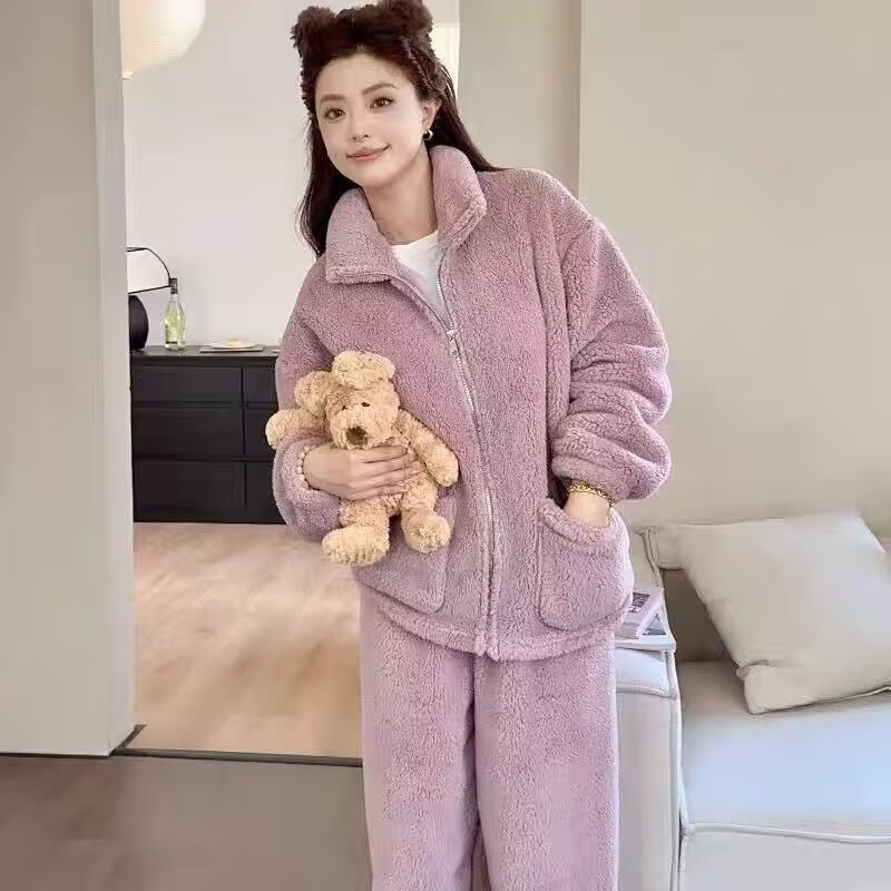 珊瑚绒大码睡衣女士加绒加厚立领拉链法兰绒暖暖套装秋冬外穿家居|undefined