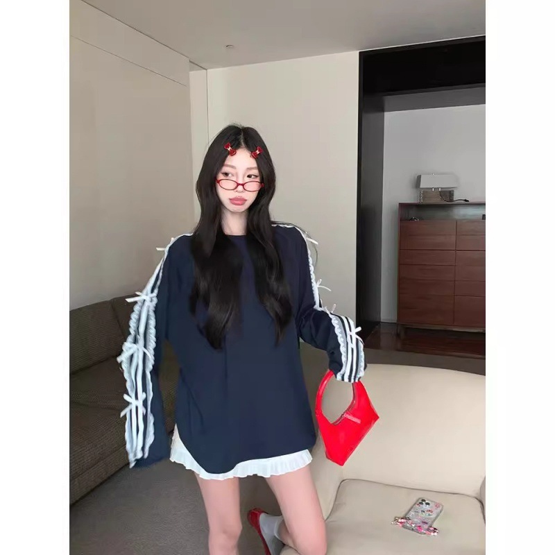 藏青色蕾丝拼接圆领卫衣长袖T恤女2025春秋设计感韩系中长款上衣|undefined
