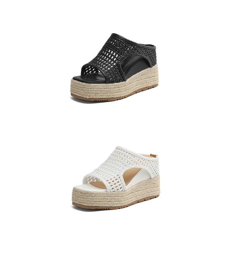 Dép sandal nữ đế dày miệng cá rỗng phong cách mùa hè, đế tăng chiều cao dây gai dầu — đen, trắng chi tiết 10