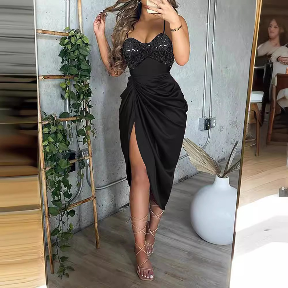 Comercio exterior AliExpress estación independiente ropa de mujer transfronteriza color sólido sexy lentejuelas con tirantes plisados vestidos de noche image 3