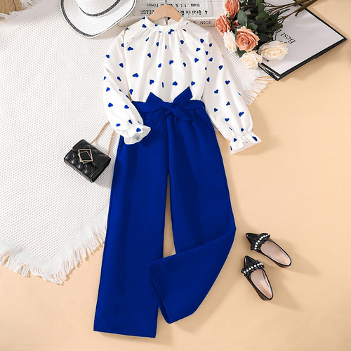 Women's and Children's Spring Outfit Cross-Border New Products European and American 7-12 Year Old Children's Loving Print Long Sleeve Set Wholesale
