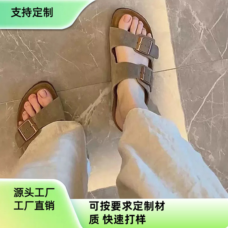 BK Birkenstocks Shoes Leather Slippers Fashion Casual Cork Shoes Thick Sole Men's and Women's Sandals 2025 Outer Wear Beach Shoes