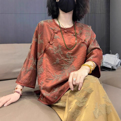 2025春文艺复古中式立领斜襟盘扣蜗牛扣气质上衣提花高级长袖衬衫