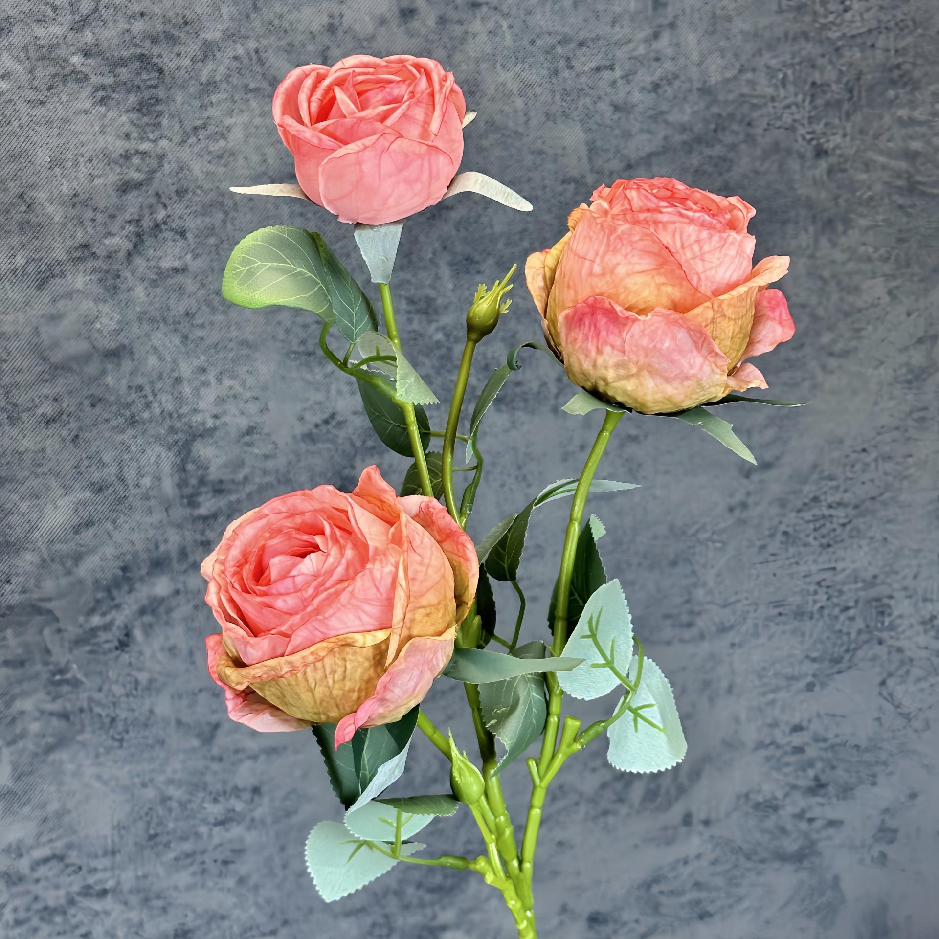 Nuevo 3 cabezas de pintura al óleo asado borde rosa simulación flor boda decoración del hogar decoración de flores falsas transfronterizas al por mayor