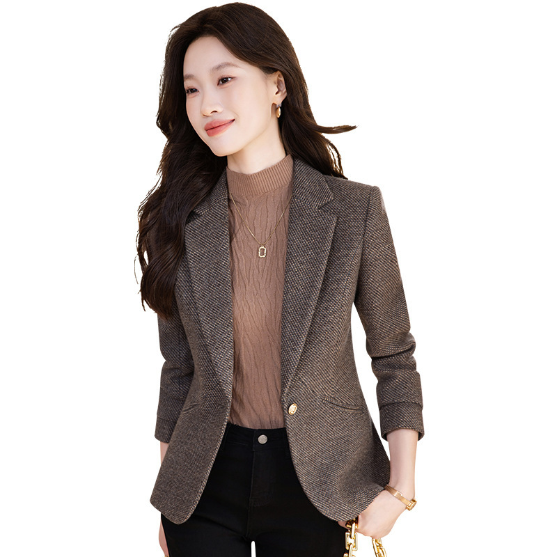 咖色羊毛西装外套女秋冬2025新款休闲气质小个子高端毛呢西服上衣|undefined