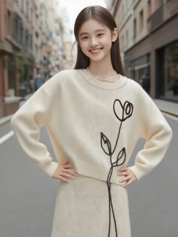 潮流气质时尚套装女针织衫2025秋冬新款立体玫瑰毛衣半裙两件套|undefined