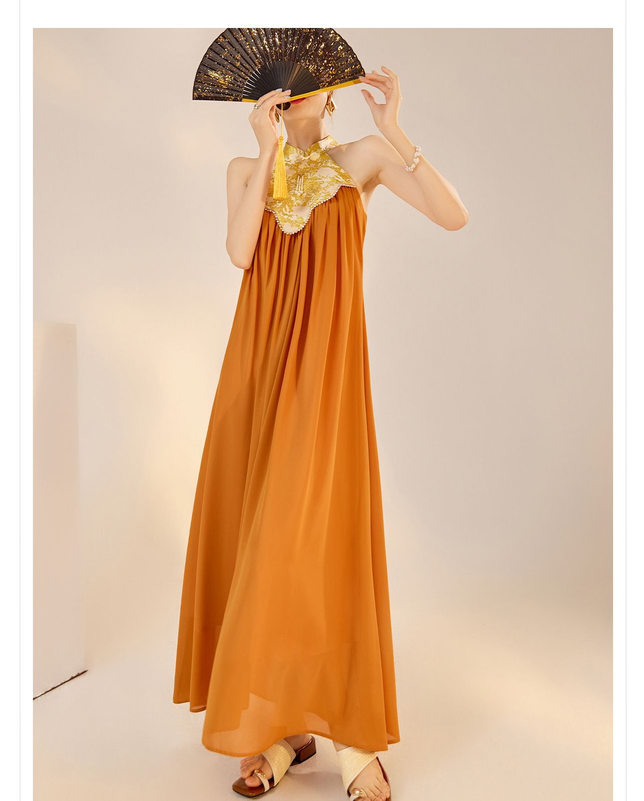 Váy dài cổ qipao thiết kế sang trọng mùa xuân hè — Màu cam, Màu mơ chi tiết 9