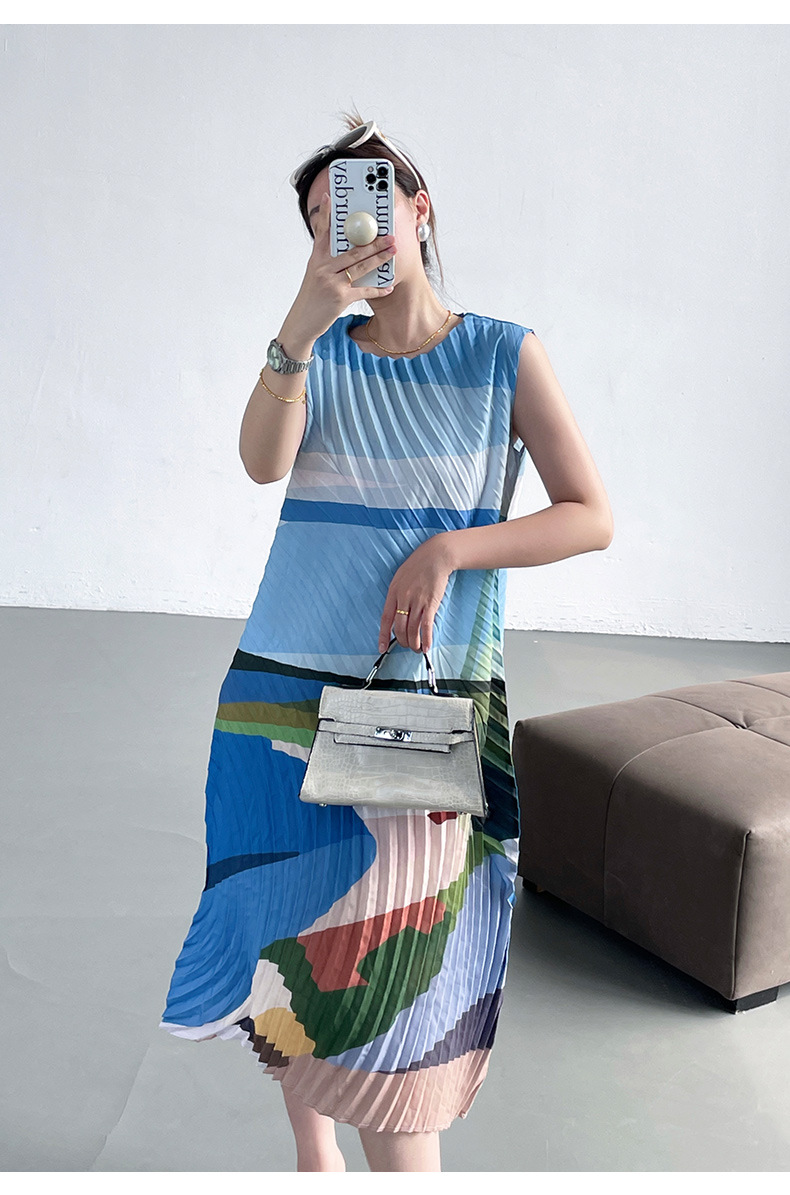 Váy maxi xếp ly in họa tiết hai dây dáng rộng thanh lịch — Màu xanh lam chi tiết 8