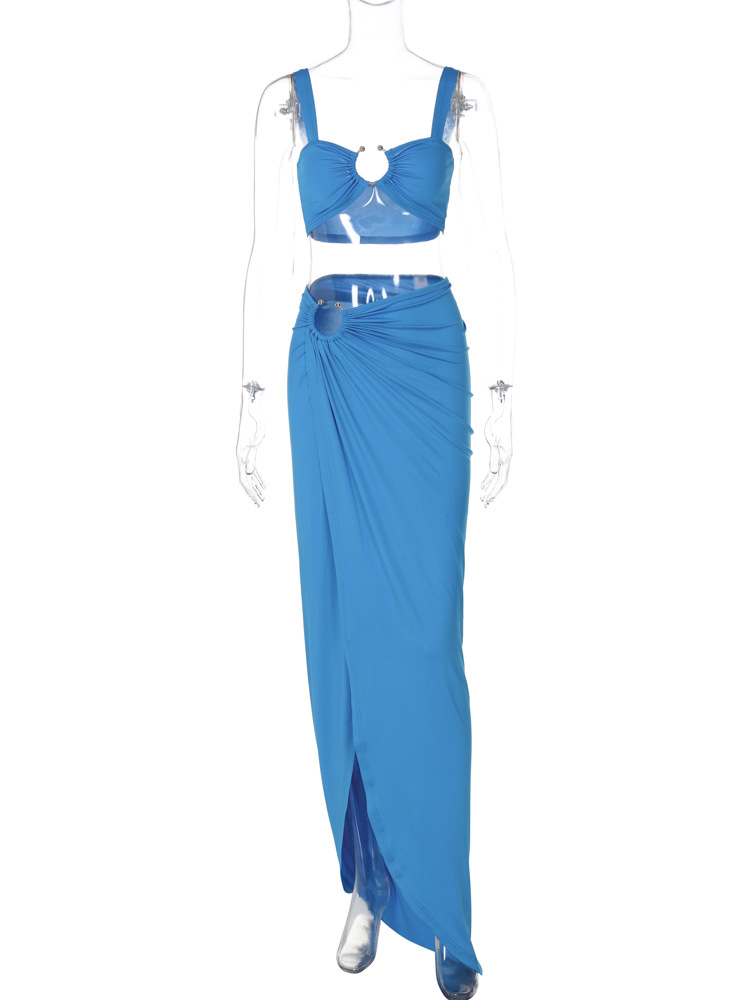 Women Clothing Spring Summer Sexy Sling Bandeau Slim Fit Fold Split Skirt Set
