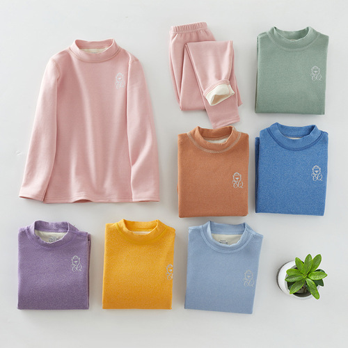 Children's double-sided fleece lined warm innerwear set, no bone crew neck long johns for young children