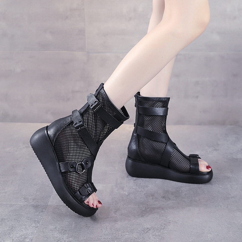 Giày sandal nữ da bò thật đế dày phong cách La Mã, mũi hở lưới thoáng — Màu đen
