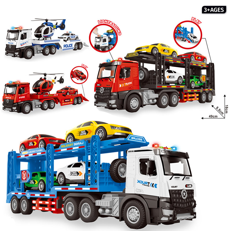 Cross-Border Export Large Police Car Fire Transport Trailer Children's Educational Music Light Boy Car Toy Gift