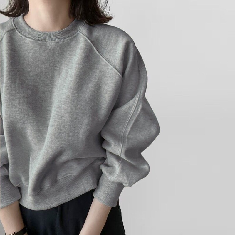 Autumn and Winter New Round Neck Pure Color Simple Versatile Long-Sleeved Short Sweatshirt Women's Loose Inner Pullover Top