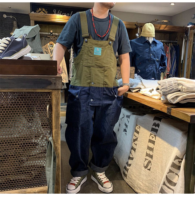 Tuta da lavoro a blocchi di colore, stile maschile, con bretelle, pantaloni da papà, pantaloni in denim, marchio europeo e americano alla moda_voghion.com