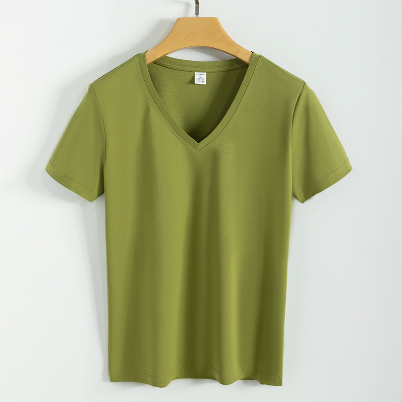 高品質80本両面シルク綿tシャツ女性夏ゆるい丸首v襟純綿純色新疆綿半袖tシャツ|undefined