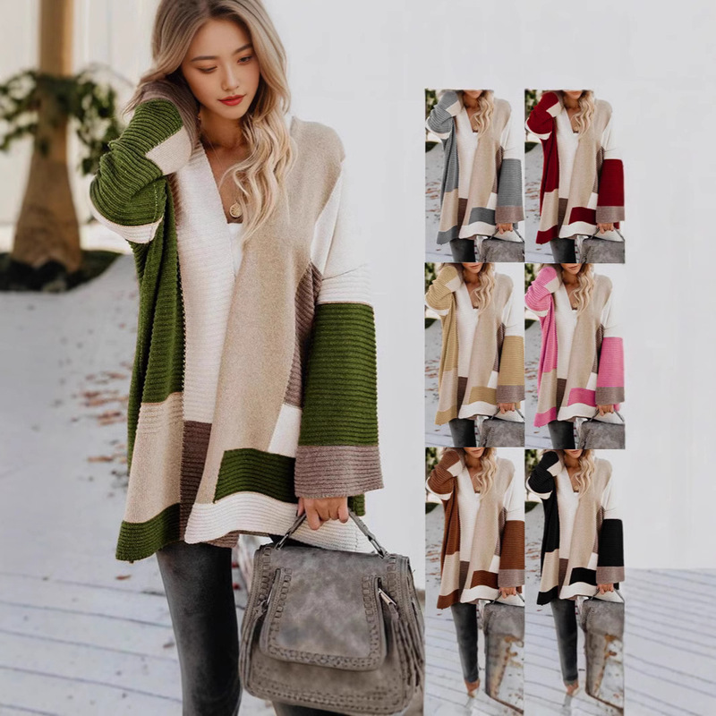 2024 cross-border autumn and winter new foreign trade sweater women's European and American Amazon plus size loose geometric color matching sweater cardigan