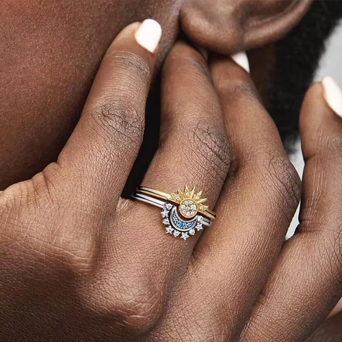 Cross-border S925 Pure Silver Ring Design, Moon and Sun Overlapping Stackable Women's Diamond Studded Amazon Silver Ring