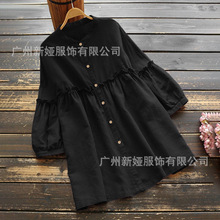 2023春季跨境开衫纯色七分袖衬衫  单排扣棉麻圆领都市休闲衬衫