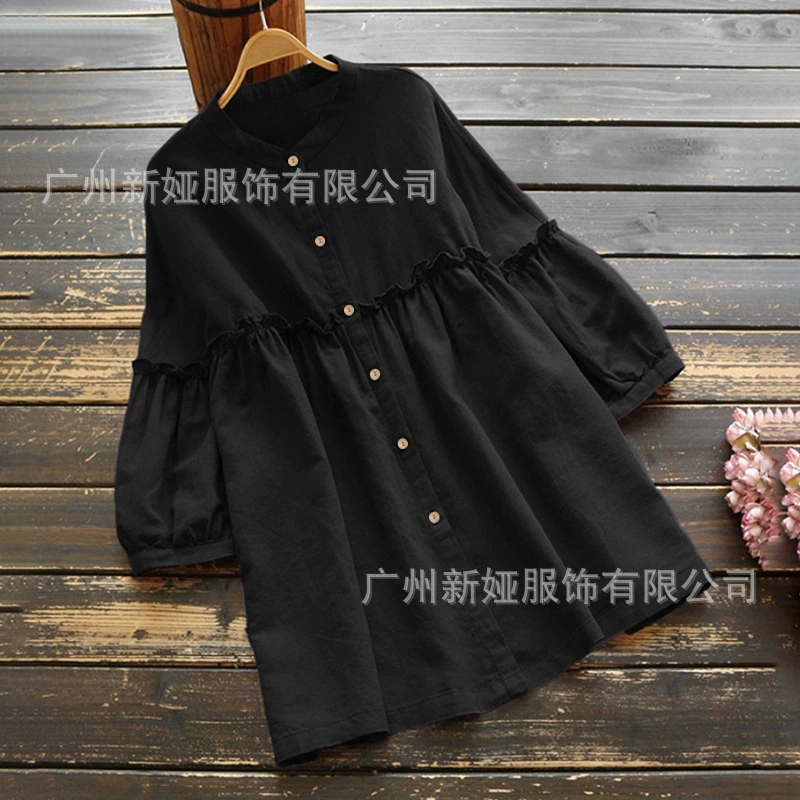 2023 весенний трансграничный кардиган, Однотонная рубашка с рукавами 3/4, однобортная хлопковая льняная городская Повседневная рубашка с круглым вырезом