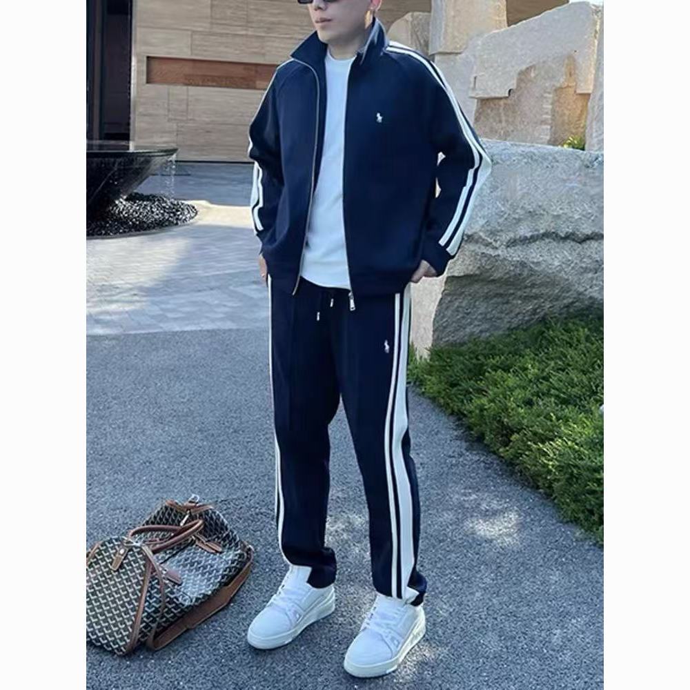 Cross-border striped printed sports two-piece men's autumn trendy versatile youthful bad boy stand collar jacket straight leg pants