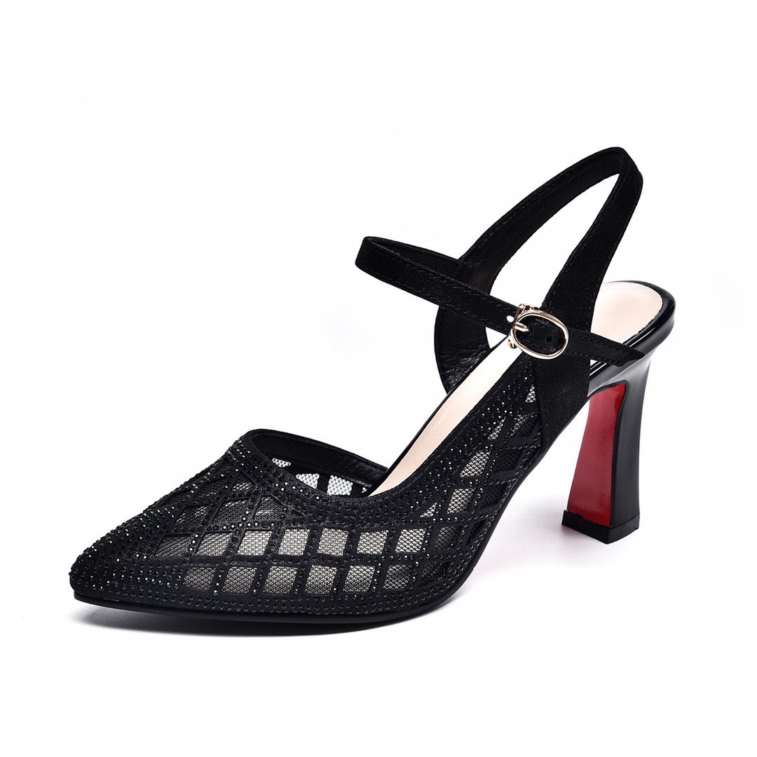 Sandal cao gót nữ mũi nhọn bít mũi lưới khoét lỗ, quai đơn, gót 3 cm — Gót vàng 3cm