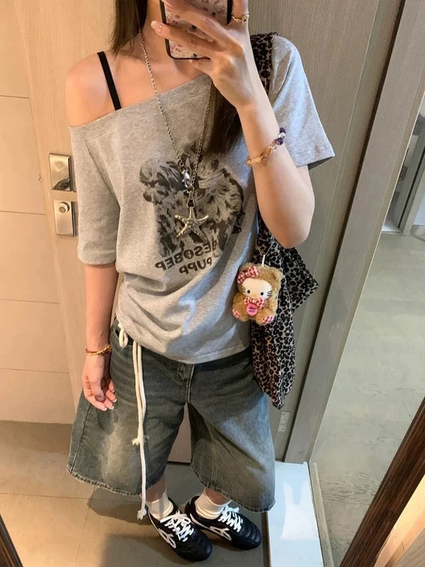 美式复古斜肩纯棉短袖t恤女夏2025新款慵懒风休闲辣妹宽松上衣ins|undefined
