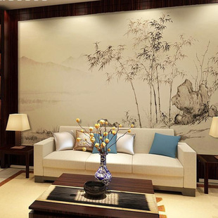 Modern New Chinese Style Wallpaper Study Room Film Wall Hand-Painted Distant Landscape Ink Bamboo Non-Woven Wallpaper Background Wall Cloth Mural