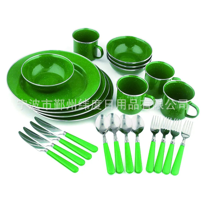 Enamel camping tableware suit enamel cup bowl plate suit export to USA camping utensils suit