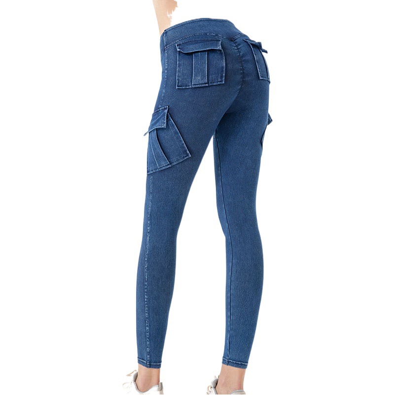 Comercio exterior transfronterizo especial de cintura alta para adelgazar melocotón crisantemo jeans Levantamiento de cadera de las mujeres bolsillo deportes prendas de vestir exteriores pantalones Casuales