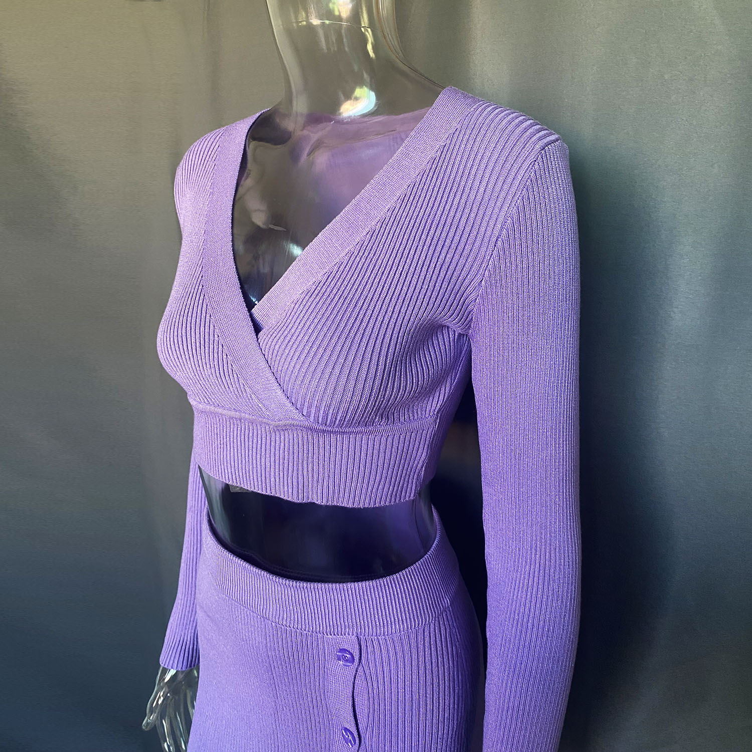 Women's Clothing Slit Sweater Dress Deep V High Elastic Wool Sweater Suit_voghion.com