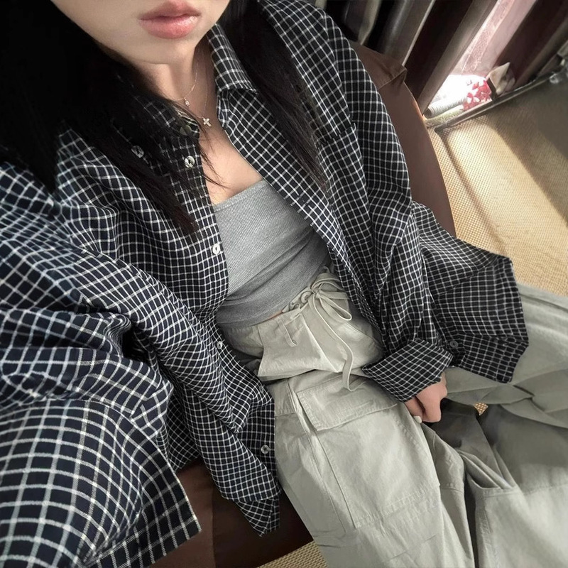 Black Plaid Long-Sleeved Shirt for Women Autumn and Summer Lapel Thin New Korean Style Lazy Style Loose Casual Shirt Jacket Black Plaid Long-Sleeved Shirt for Women Autumn and Summer Lapel Thin New Korean Style Lazy Style Loose Casual Shirt Jacket
